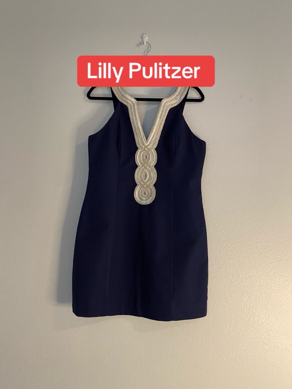 Lilly Pulitzer Navy Shift Dress with silver/gold Embellished Neckline